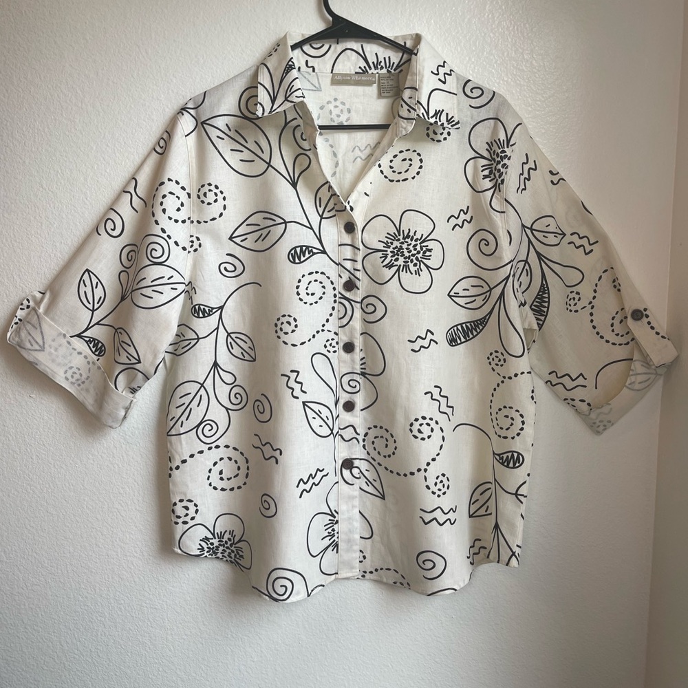 Allyson Whitmore Women’s Cream/Black Floral Button-Front Linen Cotton Blouse XL‎